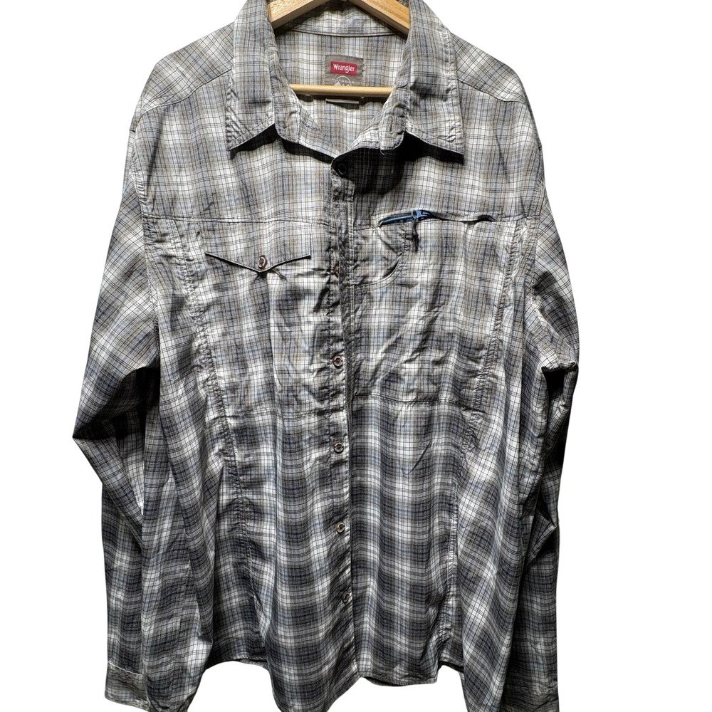 Wrangler Outdoor Shirt Mens 3XT Brown Blue Plaid Long Sleeve Vented Fishing Hike